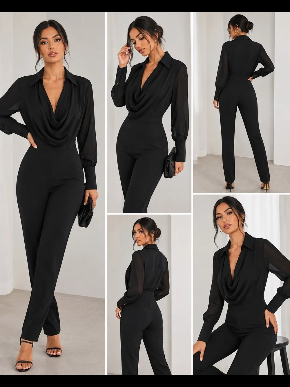 NWT Fashion Nova Flora Belle Chiffon Cowl Neck Jumpsuit Black Size M